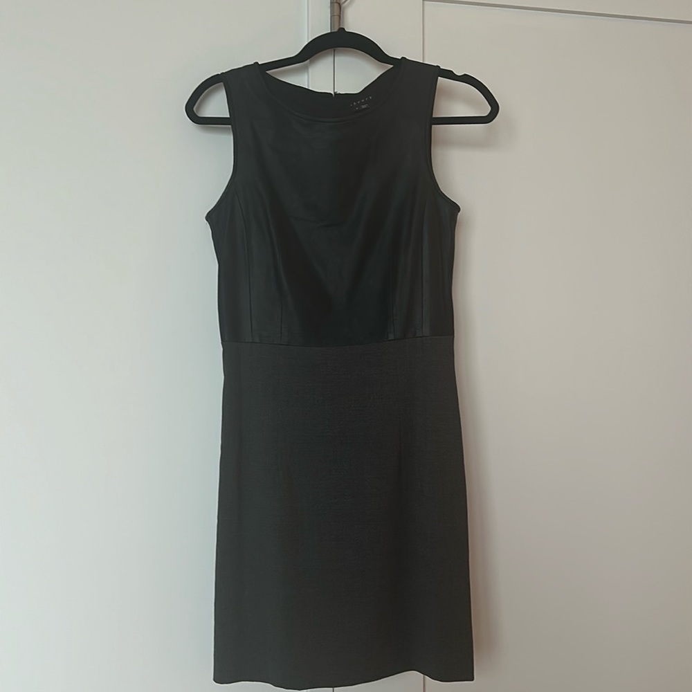 Theory Womens Leather Wool Sleeveless Color Block Pencil Dress Black Gray Size 4
